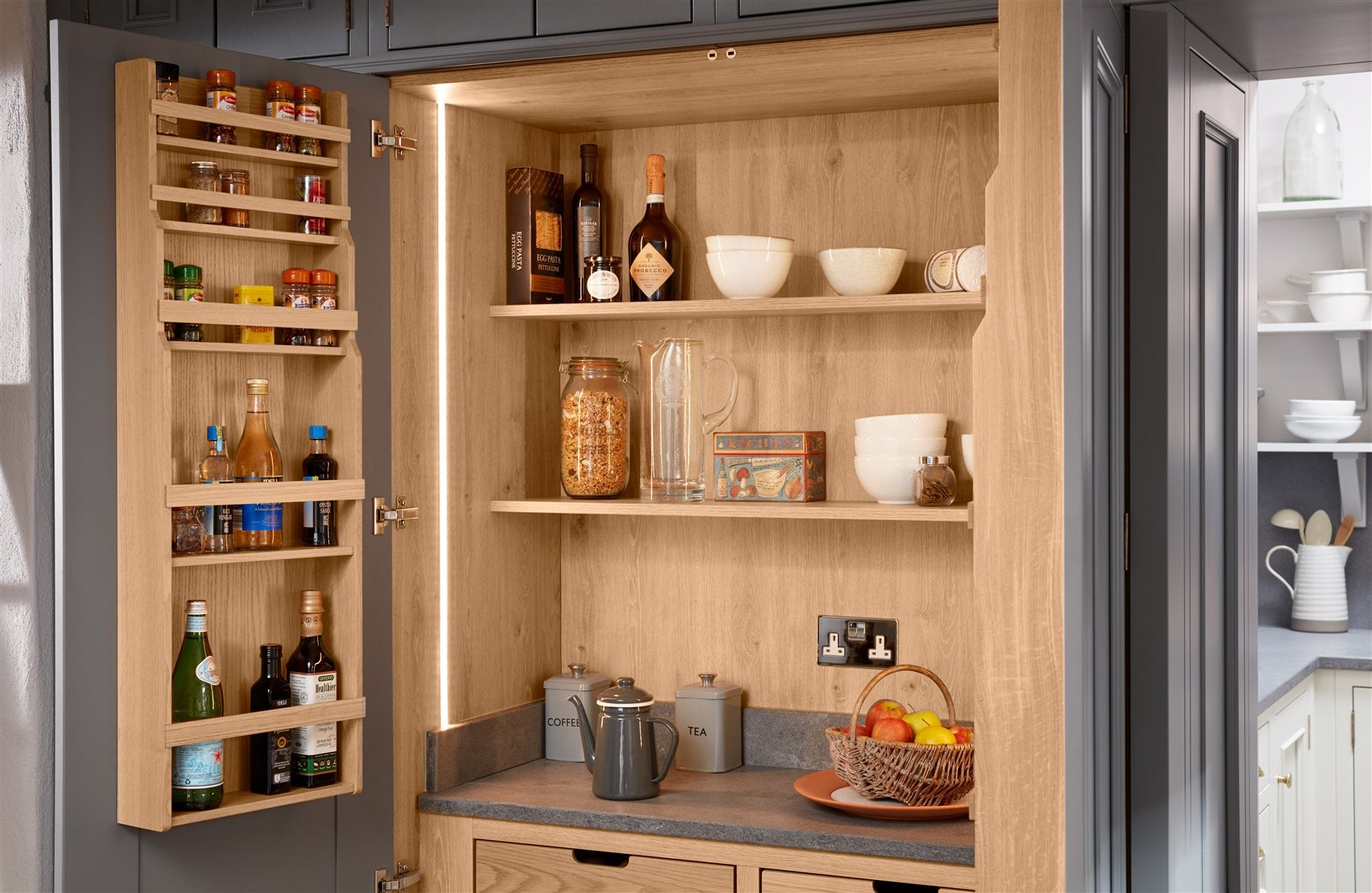 Interior inspiration: timber-lined pantry shelving and practical worktop storage