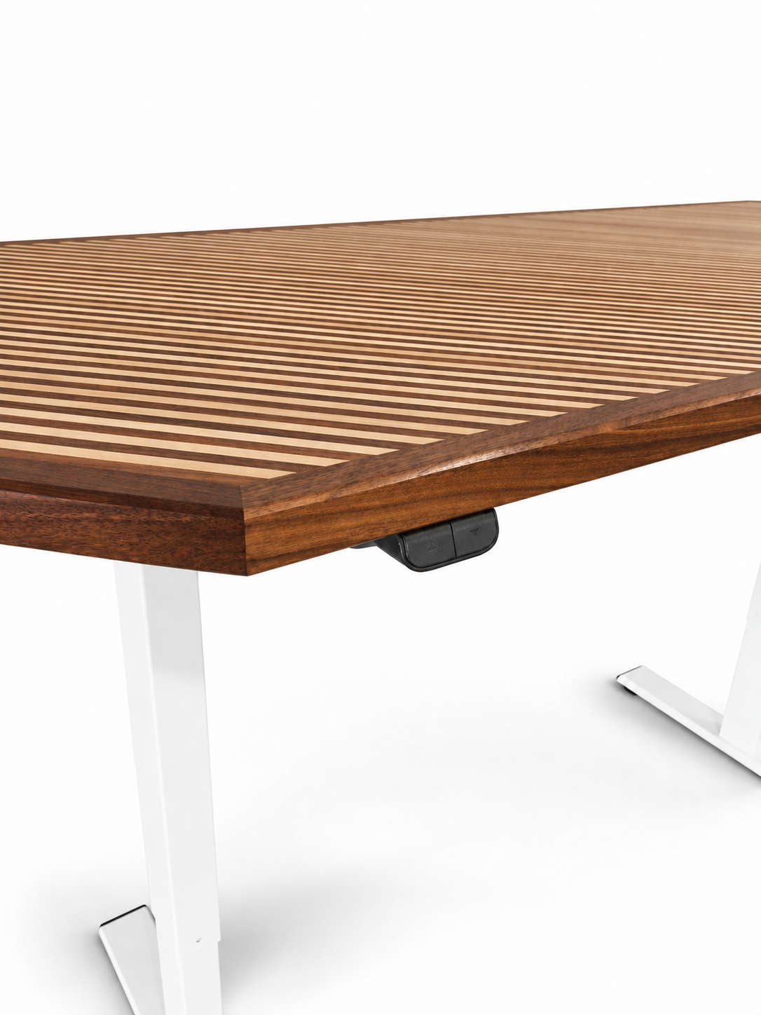 Custom sit-stand desk with a striped timber top, dark edging and white legs